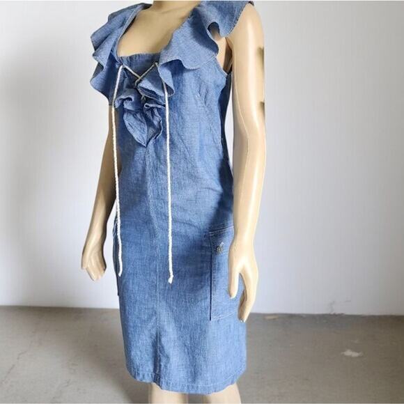 Lauren Ralph Lauren Chambray Denim Dress Size 14 Ruffle Lace Up Knee Length - Picture 8 of 10